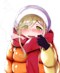 Rule 34 | 1girl, :d, bag, beanie, black gloves, blush, eyes visible through hair, fang, gloves, green eyes, half-closed eyes, hat, highres, inuyama aoi, jacket, long sleeves, looking at viewer, open mouth, red scarf, rocha (aloha ro cha), scarf, side ponytail, simple background, skin fang, smile, solo, swept bangs, thick eyebrows, upper body, white background, winter clothes, yurucamp