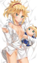 Rule 34 | 1girl, artoria pendragon (all), artoria pendragon (fate), bed sheet, blush, breasts, character doll, closed mouth, commentary request, contrapposto, dakimakura (medium), embarrassed, fate/apocrypha, fate/grand order, fate (series), green eyes, hand up, highres, jewelry, long sleeves, looking at viewer, lying, mordred (fate), mordred (fate/apocrypha), naked shirt, necklace, on back, on bed, parted bangs, ponytail, saber (fate), shirt, small breasts, solo, tonee, white shirt