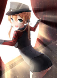 Rule 34 | 10s, 1girl, :d, anchor hair ornament, bad id, bad pixiv id, black skirt, blonde hair, blush, cowboy shot, cross, curtains, gloves, green eyes, hair ornament, hat, iron cross, kantai collection, long sleeves, looking at viewer, looking back, military, military hat, military uniform, nekobaka, open mouth, peaked cap, pleated skirt, prinz eugen (kancolle), skirt, smile, solo, sunlight, twintails, uniform, white gloves