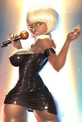 Rule 34 | 1girl, 2014, alien1452, ass, bare shoulders, black dress, brown eyes, dark skin, dark-skinned female, dated, dress, covered erect nipples, eyelashes, fingernails, highres, impossible clothes, impossible dress, lips, lipstick, long fingernails, looking at viewer, looking back, makeup, microphone, music, nail polish, parted lips, pinky out, short dress, short hair, singing, solo, sweat, taut clothes, white hair, white lips