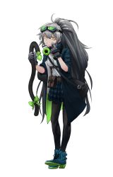Rule 34 | 1girl, aek-999 (girls&#039; frontline), ahoge, anal tail, black pantyhose, blue coat, blush, boots, bow, breasts, butt plug, cat tail, coat, confused, fake tail, full body, girls&#039; frontline, gloves, goggles, grey gloves, grey hair, hair between eyes, headphones, headphones around neck, highres, load bearing equipment, long hair, looking at hand, medium breasts, open clothes, pantyhose, plaid, plaid skirt, pleated skirt, scratching cheek, sd bigpie, shirt, sidelocks, simple background, skirt, sleeves rolled up, smelling, standing, sweatdrop, tail, very long hair, white background, white shirt, yellow eyes