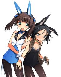 Rule 34 | 10s, 2girls, adapted costume, alternate costume, animal ears, black eyes, black hair, black pantyhose, blush, bow, bowtie, brave witches, brown hair, fake animal ears, fang, georgette lemare, green eyes, kanno naoe, leotard, multiple girls, pantyhose, playboy bunny, rabbit ears, shimada fumikane, short hair, strike witches, twintails, world witches series