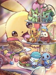 Rule 34 | basket, berry, bulbasaur, cake, charmander, creatures (company), food, fruit, fuecoco, game freak, gen 1 pokemon, haru1suama, highres, holding, holding spoon, macaron, muffin, nintendo, peach, pikachu, pokeblock, pokemon, pokemon (creature), quaxly, sandwich, sparkling eyes, spoon, sprigatito, squirtle, sweets, tiered tray