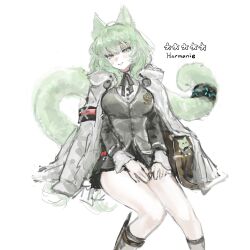 Rule 34 | 1girl, animal ears, arknights, black ribbon, black skirt, blade, breasts, cat ears, cat girl, cat tail, character name, feet out of frame, green eyes, green hair, grey vest, harmonie (arknights), head tilt, highres, infection monitor (arknights), jacket, jacket on shoulders, large breasts, long hair, long sleeves, looking at viewer, necktie, open clothes, open jacket, pomopomoinu, presenting, ribbon, simple background, sitting, skirt, solo, tail, tail ornament, tail ring, thighs, vest, white background, white jacket