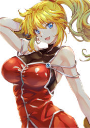 Rule 34 | 1girl, arm behind head, blonde hair, blue eyes, blush, breasts, collarbone, excellen browning, floating hair, highres, jacket, large breasts, long hair, looking at viewer, ponytail, red jacket, smile, solo, super robot wars, super robot wars original generation, wochi