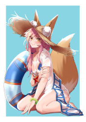 Rule 34 | 1girl, animal ear fluff, animal ears, bikini, bikini under clothes, blue background, blue bikini, blush, breasts, cleavage, commentary, commentary request, ears through headwear, fate/grand order, fate (series), fox ears, fox girl, fox tail, full body, hat, innertube, kemololi, long hair, looking at viewer, medium breasts, parasol, pink hair, see-through, shirt, side-tie bikini bottom, simple background, sitting, smile, solo, straw hat, swim ring, swimsuit, tail, tamamo (fate), tamamo no mae (fate/extra), tamamo no mae (swimsuit lancer) (fate), tamamo no mae (swimsuit lancer) (second ascension) (fate), towel, umbrella, wariza, wet, wet clothes, wet shirt, white shirt, yellow eyes