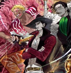 Rule 34 | 3boys, ascot, black eyes, black hair, blonde hair, capri pants, cigar, coat, crocodile (one piece), crossed arms, donquixote doflamingo, dracule mihawk, earrings, ehghkwl1694, facial hair, feather coat, goatee, green ascot, hair slicked back, hat feather, high collar, highres, hook hand, jewelry, male focus, medium hair, multiple boys, muscular, muscular male, mustache, one piece, open clothes, open mouth, orange pants, pants, patterned clothing, pink coat, red shirt, scar, scar on face, shirt, short hair, sunglasses, sword, teeth, thread, tongue, tongue out, weapon, yellow eyes, yoru (sword)