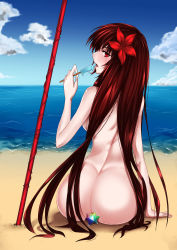 Rule 34 | 1girl, arm at side, arm support, ass, backboob, beach, blue sky, blush, breasts, cloud, convenient censoring, day, eating, fate/grand order, fate (series), flower, food, from behind, hair flower, hair ornament, highres, holding, holding food, horizon, kagura ren, long hair, looking at viewer, looking back, medium breasts, nude, ocean, on ground, open mouth, outdoors, polearm, popsicle, profile, red eyes, red flower, red hair, saint quartz (fate), sand, scathach (fate), scathach (fate), shore, sitting, sky, solo, spear, summer, swimsuit, very long hair, water, weapon