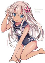 Rule 34 | 1girl, barefoot, blonde hair, blue eyes, crop top, fathom, flower, full body, hair flower, hair ornament, highres, kantai collection, kneeling, long hair, looking at viewer, one-piece swimsuit, one-piece tan, ro-500 (kancolle), sailor collar, school swimsuit, simple background, smile, solo, swimsuit, swimsuit under clothes, tan, tanline, twitter username, white background