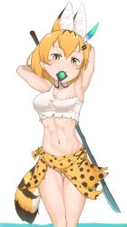 Rule 34 | 1girl, :3, animal ears, armpits, arms behind head, arms up, black hair, breasts, chis (js60216), crop top, extra ears, feather hair ornament, feathers, hair between eyes, hair ornament, hairclip, head tilt, highres, jewelry, kemono friends, looking at viewer, lucky beast (kemono friends), medium breasts, medium hair, midriff, mouth hold, multicolored hair, navel, orange hair, pendant, polearm, serval (kemono friends), serval print, serval tail, shirt, single-shoulder shirt, skirt, smile, solo, spear, standing, stomach, survival friends, tail, tank top, thigh gap, toned, torn clothes, two-tone hair, wading, water, weapon, wet