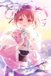 Rule 34 | 1girl, blurry, blurry foreground, blush, branch, brown hair, commentary request, depth of field, floral print, fur collar, gloves, hair ribbon, highres, japanese clothes, kimono, long sleeves, looking at viewer, obi, original, parted lips, pink kimono, print kimono, red eyes, ribbon, sakuro, sash, sidelocks, smile, solo, translation request, twintails, white gloves, wide sleeves