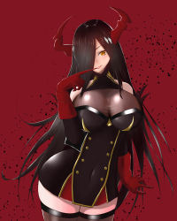 Rule 34 | 1girl, azur lane, biting, black hair, black thighhighs, breasts, cleavage, covered navel, cowboy shot, dress, friedrich der grosse (azur lane), glove biting, gloves, grin, hair over one eye, highres, horn ornament, horns, large breasts, lips, long hair, looking at viewer, parted lips, red background, red gloves, short dress, simple background, smile, solo, straight hair, taut clothes, taut dress, thighhighs, thighs, yellow eyes, zettai ryouiki, zubi (skylinezb)