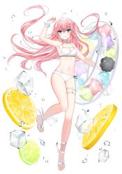 Rule 34 | 1girl, ahoge, ankle ribbon, arm up, balloon, bare arms, bare legs, bikini, blue eyes, blush, bracelet, braid, braided bangs, breasts, cleavage, closers, floating hair, food, fruit, full body, heart balloon, highres, ice, ice cube, innertube, jewelry, leg ribbon, leg up, lemon, lemon slice, long hair, medium breasts, navel, official art, one side up, parted lips, pink hair, ribbon, sandals, seulbi lee, solo, spray, standing, standing on one leg, star balloon, stomach, swim ring, swimsuit, thigh strap, transparent innertube, v-shaped eyebrows, white background, white bikini, white footwear, white ribbon