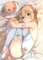 Rule 34 | 1girl, animal, anzu (sumisaki yuzuna), backless dress, backless outfit, bad id, bad pixiv id, bare shoulders, beach, blonde hair, blue dress, blue footwear, blush, breasts, bun cover, china dress, chinese clothes, commentary request, day, dress, feet, from above, green eyes, hair between eyes, hair bun, large breasts, leggings, long hair, looking at viewer, looking to the side, looking up, o o, original, outdoors, panties, parted lips, pig, sand, side-tie panties, single hair bun, sleeveless, sleeveless dress, solo, sumisaki yuzuna, toeless legwear, underwear, very long hair, water, white panties