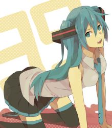 Rule 34 | 1girl, 39, all fours, aqua eyes, aqua hair, female focus, hatsune miku, kouga 228, long hair, looking at viewer, necktie, open mouth, skirt, smile, solo, thighhighs, twintails, vocaloid