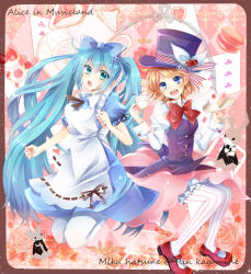 Rule 34 | 2girls, alice in musicland (vocaloid), aqua hair, blonde hair, blue eyes, bow, bowtie, cake, card, character name, copyright name, cup, dress, food, green eyes, hat, hatsune miku, inuro neko (kuro-nyan), kagamine rin, long hair, mary janes, multiple girls, open mouth, pantyhose, rabbit, shoes, short hair, striped clothes, striped legwear, striped pantyhose, teacup, top hat, twintails, vertical-striped clothes, vertical-striped legwear, vertical-striped pantyhose, very long hair, vocaloid