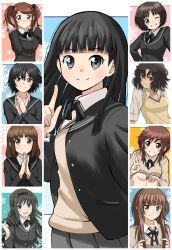 6+girls adjusting_hair amagami ayatsuji_tsukasa black_hair black_hairband black_jacket black_ribbon black_sailor_collar black_skirt blue_background blue_eyes brown_eyes brown_hair emapippi hairband hand_on_own_knee highres hime_cut index_finger_raised itou_kanae_(amagami) jacket kamizaki_risa kibito_high_school_uniform looking_at_viewer medium_hair messy_hair morishima_haruka multiple_girls nakata_sae nanasaki_ai neck_ribbon one_eye_closed open_clothes open_jacket orange_background own_hands_together pink_background pleated_skirt ribbon sailor_collar sakurai_rihoko school_uniform shirt short_hair sidelocks skirt smile snowflakes sweater_vest tachibana_miya tanamachi_kaoru teeth twintails upper_body v white_shirt yellow_sweater_vest