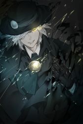 Rule 34 | 1boy, aura, black gloves, collared shirt, edmond dantes (fate), electricity, fate/grand order, fate (series), formal, gloves, green hat, green jacket, hat, jacket, long sleeves, looking at viewer, male focus, medium hair, shirt, silver hair, simple background, sino42, smirk, solo, suit, upper body, white shirt, wing collar, yellow eyes
