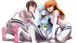 Rule 34 | 3girls, adjusting eyewear, alternate hair length, alternate hairstyle, arm support, arms behind head, artist request, ass, ass grab, ayanami rei, black bodysuit, blue eyes, blue hair, blush, bodysuit, breasts, brown hair, covered navel, cowboy shot, evangelion: 3.0+1.0 thrice upon a time, eyepatch, grabbing own ass, green eyes, hair between eyes, hairband, highres, interface headset, large breasts, looking at viewer, low twintails, makinami mari illustrious, medium breasts, multiple girls, neon genesis evangelion, open mouth, parted lips, pink bodysuit, plugsuit, rebuild of evangelion, red-framed eyewear, red eyes, semi-rimless eyewear, simple background, souryuu asuka langley, twintails, two side up, under-rim eyewear, upper body, white background, white bodysuit, wide hips