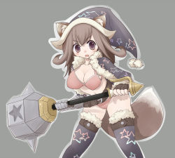 Rule 34 | 1girl, animal ears, breasts, brown eyes, brown hair, cleavage, grey background, hammer, hat, midriff, original, pointed hat, ryokucha no ki, simple background, solo, tail, thighhighs, weapon