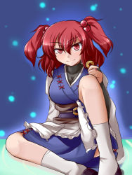 Rule 34 | 1girl, apron, breasts, bridal gauntlets, coin, hair bobbles, hair ornament, japanese clothes, kimono, large breasts, looking at viewer, mono (mono60), naughty face, obi, onozuka komachi, raised eyebrow, red eyes, red hair, sash, short hair, sitting, skin tight, smile, socks, solo, touhou, two side up, undershirt, uneven eyes, waist apron, white socks