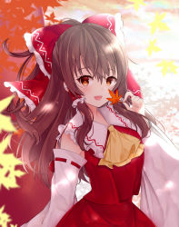 Rule 34 | 1girl, ascot, autumn, autumn leaves, bow, brown hair, commentary request, detached sleeves, floating hair, hair between eyes, hair bow, hair tubes, hakurei reimu, hand up, highres, holding, holding leaf, leaf, long hair, looking at viewer, maple leaf, open mouth, orange eyes, ponytail, red bow, red skirt, red vest, ribbon-trimmed sleeves, ribbon trim, sidelocks, skirt, skirt set, smile, solo, tosakaoil, touhou, upper body, vest, yellow ascot