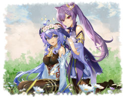 Rule 34 | 2girls, ahoge, bare shoulders, bell, black pantyhose, blue gloves, blue hair, blush, breasts, cone hair bun, detached sleeves, dress, field, flower, flower field, flower knot, ganyu (genshin impact), genshin impact, gloves, gold trim, hair bun, hair cone, hair flower, hair ornament, highres, horns, keqing (genshin impact), kneeling, long hair, medium breasts, multicolored eyes, multiple girls, neck bell, no shoes, okura shito, open mouth, outdoors, pantyhose, purple dress, purple eyes, purple hair, purple sleeves, qingxin flower, sidelocks, sitting, smile, sparkle, thighlet, twintails, white flower, white sleeves