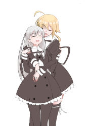 Rule 34 | 2girls, :d, absurdres, ahoge, amano soraha, assault lily, black legwear, black ribbon, blonde hair, blush, buttons, closed eyes, commentary request, cowboy shot, cropped jacket, egawa kusumi, frilled skirt, frills, grey hair, hair between eyes, hands on another&#039;s arms, hands up, height difference, high-waist skirt, highres, hug, hug from behind, juliet sleeves, leg ribbon, long hair, long sleeves, low ponytail, multiple girls, neck ribbon, open mouth, pantyhose, ponytail, puffy sleeves, revision, ribbon, sasaki33916, school uniform, sidelocks, simple background, skirt, smile, standing, thighhighs, very long hair, white background, white ribbon, yuri, yurigaoka girls academy school uniform, zettai ryouiki