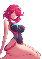 Rule 34 | 1girl, bare legs, bare shoulders, blush, breasts, competition swimsuit, large breasts, liyart, nintendo, one-piece swimsuit, pyra (xenoblade), smile, solo, swimsuit, thick thighs, thighs, xenoblade chronicles (series), xenoblade chronicles 2, xenoblade chronicles (series), xenoblade chronicles 2