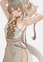 Rule 34 | 1girl, absurdres, arknights, armpits, bare shoulders, blush, choker, closed eyes, cowboy shot, grey hair, highres, jewelry, long hair, necklace, pointy ears, shu (arknights), side slit, skirt, solo, standing, strapless, tube top, wawamachi (wawamachis), white skirt