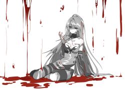 Rule 34 | 1girl, blood, blood drip, bloody queen (elsword), elesis (elsword), elsword, empty eyes, greyscale, highres, long hair, monochrome, partially colored, sitting, sketch, smile, tattoo, veca
