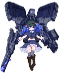 Rule 34 | 1girl, armored core, armored core last raven, bad id, bad pixiv id, blue hair, boots, crossover, from below, from software, green eyes, hair bobbles, hair ornament, hat, highres, image sample, jack-o, jpeg artifacts, karasawa-40, kawashiro nitori, key, mecha, midriff, one eye closed, panties, pantyshot, petticoat, pixiv sample, robot, short hair, skirt, solo, thighhighs, touhou, twintails, two side up, underwear, upskirt, wink