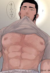 Rule 34 | 1boy, ?, abs, bara, bare pectorals, black hair, buzz cut, chest hair, clothes lift, facial hair, golden kamuy, grey shirt, hairy, highres, large pectorals, lifting own clothes, long sideburns, male focus, mature male, mouth hold, muscular, muscular male, navel, navel hair, nipples, nzo (oishii pie), pectoral focus, pectorals, shirt, shirt lift, short hair, sideburns, solo, stomach, stubble, tanigaki genjirou, thick eyebrows, translation request, upper body, very short hair