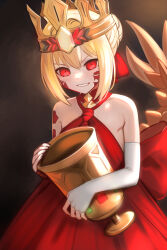 Rule 34 | 1girl, bare shoulders, blonde hair, braid, breasts, chalice, crown, cup, dragon tail, dress, elbow gloves, facial mark, fate/grand order, fate (series), fingerless gloves, french braid, gloves, grin, hair bun, hair intakes, hair ribbon, highres, long hair, looking at viewer, nero claudius (fate), nero claudius (fate) (all), queen draco (fate), queen draco (first ascension) (fate), red dress, red eyes, red ribbon, ribbon, scales, shinsaku (stan-art), sidelocks, single glove, small breasts, smile, solo, tail, white gloves