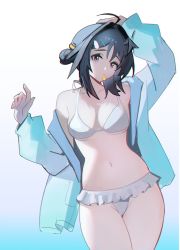 Rule 34 | 1girl, ahoge, arknights, bikini, black hair, blue jacket, breasts, cameltoe, closed mouth, distr, grey eyes, hands up, highres, jacket, la pluma (arknights), la pluma (summer flowers) (arknights), looking at viewer, medium breasts, mouth hold, navel, open clothes, open jacket, solo, swimsuit, white bikini