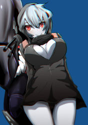 Rule 34 | 10s, 1girl, absurdres, abyssal ship, breasts, chromatic aberration, cleavage, colored skin, female focus, grey hair, gun, highres, hood, kantai collection, large breasts, looking at viewer, norman maggot, panties, re-class battleship, red eyes, smile, solo, thigh gap, underwear, upskirt, weapon, white skin