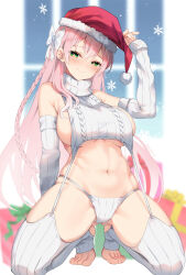 Rule 34 | 1girl, ariko youichi, arm up, bare shoulders, blue archive, blush, bow, braid, breasts, christmas, closed mouth, commentary request, detached sleeves, garter straps, green eyes, hair between eyes, hair bow, hanako (blue archive), hat, large breasts, long hair, long sleeves, looking at viewer, meme attire, navel, panties, pink hair, red hat, ribbed panties, ribbed sleeves, ribbed sweater, ribbed thighhighs, santa hat, sideboob, sleeveless, sleeveless sweater, sleeveless turtleneck, smile, solo, stomach, sweater, toes, turtleneck, turtleneck sweater, underwear, virgin destroyer sweater, white bow, white garter straps, white panties, white sleeves