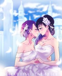 Rule 34 | 2girls, alternate costume, alternate hairstyle, bad id, bad twitter id, bare arms, bare shoulders, blue eyes, blue hair, blurry, blush, breasts, building, c:, cleavage, closed mouth, cloud, collarbone, couple, depth of field, diamond earrings, dokidoki! precure, dress, earrings, eye contact, face-to-face, feathers, female focus, flower, formal, hair flower, hair ornament, hair over shoulder, hishikawa rikka, holding hands, hug, imminent kiss, jewelry, kenzaki makoto, large breasts, lips, long hair, looking at another, matching hair/eyes, medium breasts, multiple girls, neck, necklace, negom, noses touching, off-shoulder dress, off shoulder, outdoors, precure, purple eyes, purple hair, short hair, sky, smile, spade (shape), spade earrings, standing, strapless, strapless dress, wedding dress, white dress, white flower, wife and wife, yuri