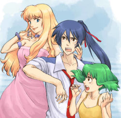 Rule 34 | 00s, 1boy, 2girls, armband, blonde hair, blue hair, blue nails, bracelet, camisole, choker, collarbone, dress, floating hair, green hair, hair ribbon, hand on another&#039;s face, height difference, jewelry, long hair, macross, macross frontier, multiple girls, nail polish, necktie, nira (niratoro), open mouth, ponytail, profile, ranka lee, red eyes, ribbon, saotome alto, school uniform, sheryl nome, shirt, short hair, smirk, strapless, strapless dress, surprised, very long hair