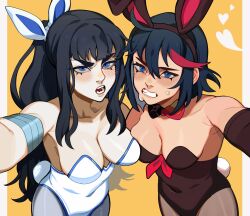Rule 34 | 2girls, absurdres, animal ears, asymmetrical docking, bare shoulders, black hair, black leotard, blue eyes, blue hair, blush, bow, bowtie, breast press, breasts, breasts apart, brown pantyhose, cleavage, clenched teeth, collarbone, commentary, detached collar, english commentary, fake animal ears, fake tail, furrowed brow, hair between eyes, heart, highres, kill la kill, kiryuuin satsuki, large breasts, leotard, long hair, looking at viewer, matoi ryuuko, medium breasts, multicolored hair, multiple girls, nose, open mouth, orange background, pale skin, pantyhose, pillarboxed, pink background, playboy bunny, porqueloin, rabbit ears, rabbit tail, red bow, selfie, sharp teeth, shiny skin, short hair, siblings, sidelocks, sisters, smile, strapless, strapless leotard, streaked hair, tail, teeth, thick eyebrows, very long hair, white leotard