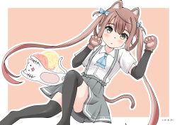 Rule 34 | 1girl, 1other, animal ears, animal hands, arm warmers, artist name, asagumo (kancolle), ascot, batsubyou, bike shorts, black shorts, black thighhighs, blue ascot, border, brown hair, cat, cat ears, cat tail, commentary request, dated, feet out of frame, gloves, grey eyes, grey skirt, hair ribbon, kantai collection, long hair, looking at viewer, nessui, orange background, paw gloves, pleated skirt, ribbon, shirt, shorts, shorts under skirt, skirt, suspender skirt, suspenders, tail, thighhighs, twintails, two-tone background, white border, white shirt