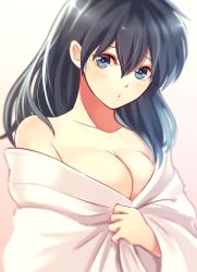Rule 34 | 1girl, black hair, blanket, blue eyes, blurry, blush, breasts, cleavage, covering privates, depth of field, eyelashes, gradient background, grey eyes, hair between eyes, higurashi kagome, inuyasha, japanese clothes, large breasts, long hair, looking at viewer, motobi (mtb umk), nude, o3o, off shoulder, pout, solo, upper body