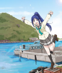 Rule 34 | 1girl, arms up, birthday, blue hair, blue sky, boat, cloud, cloudy sky, commentary, high ponytail, highres, long hair, looking at viewer, love live!, love live! sunshine!!, maruyo, matsuura kanan, mountain, purple eyes, school uniform, sky, solo, standing, standing on one leg, uranohoshi school uniform, water, watercraft