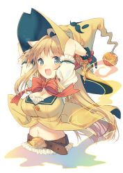 Rule 34 | 1girl, arms up, belt, blonde hair, blush, breasts, cleavage, frills, hat, large breasts, long hair, midriff, navel, open mouth, simple background, smile, solo, witch hat, yamucha, yellow eyes