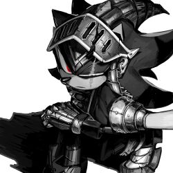 Rule 34 | armored boots, armored gloves, boots, diamondx1704, furry, furry male, greyscale, helmet, highres, knight, monochrome, partially colored, red eyes, scar, scar across eye, shadow the hedgehog, sonic (series), squatting, white background