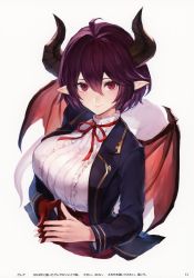 Rule 34 | 1girl, absurdres, bow, bowtie, breasts, closed mouth, frills, gloves, granblue fantasy, grea (shingeki no bahamut), highres, horns, long sleeves, medium breasts, mini wings, page number, pointy ears, red eyes, shingeki no bahamut, simple background, single glove, solo, upper body, watao, wings