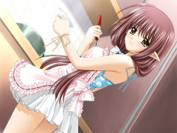 Rule 34 | 00s, 1girl, apron, brown eyes, brown hair, kitchen, lisianthus, long hair, looking at viewer, pointy ears, shuffle!, smile