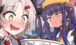 Rule 34 | + +, 2girls, absurdres, annoyed, apron, black hair, blue archive, blunt bangs, blurry, blurry foreground, blush, commentary request, devil yanghyeok, food, fuuka (blue archive), grey hair, halo, highres, horns, izumi (blue archive), long hair, looking at another, multiple girls, necktie, open mouth, portrait, red eyes, saliva, school uniform, twintails, yellow eyes