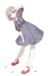 Rule 34 | 1girl, :o, bare legs, blue bow, blue eyes, bob cut, bow, collarbone, confetti, dot nose, dress, full body, grey dress, hair bow, hand on own head, hand on own leg, highres, idolmaster, idolmaster shiny colors, leaning to the side, legs apart, light brown hair, long sleeves, looking at viewer, medium hair, open mouth, pleated dress, red footwear, rgst (ramgester), see-through, see-through sleeves, serizawa asahi, shoes, sidelocks, simple background, smile, solo, star (symbol), white background