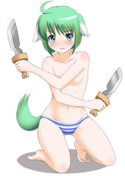 Rule 34 | 10s, 1girl, ahoge, animal ears, blue eyes, blush, breasts, covering breasts, covering privates, dog days, dog ears, dog tail, dual wielding, eclair martinozzi, female focus, full body, green hair, holding, kneeling, knife, navel, no bra, panties, short hair, simple background, solo, striped clothes, striped panties, tail, tears, underwear, weapon, white background